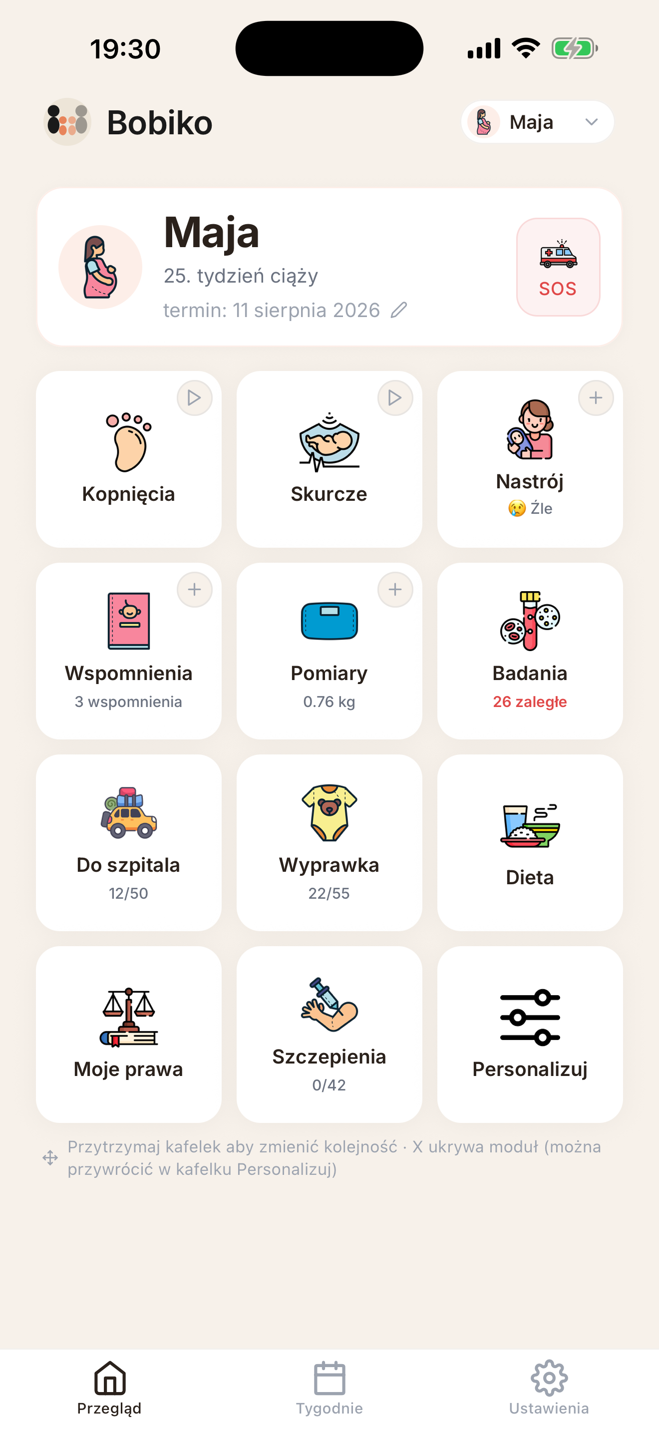 Dashboard ciąży - widok tygodniowy z modułami