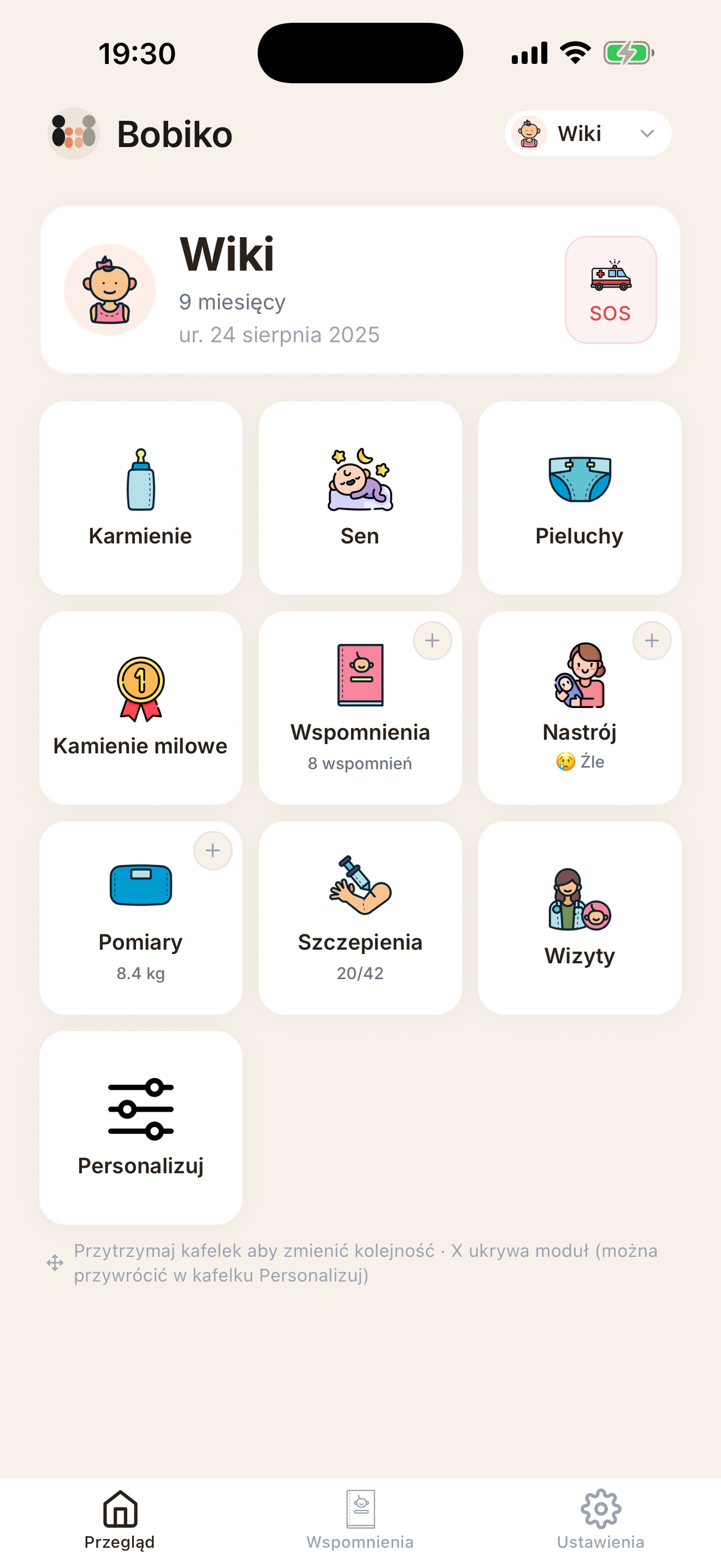 Dashboard dziecka - karmienie, sen, pomiary