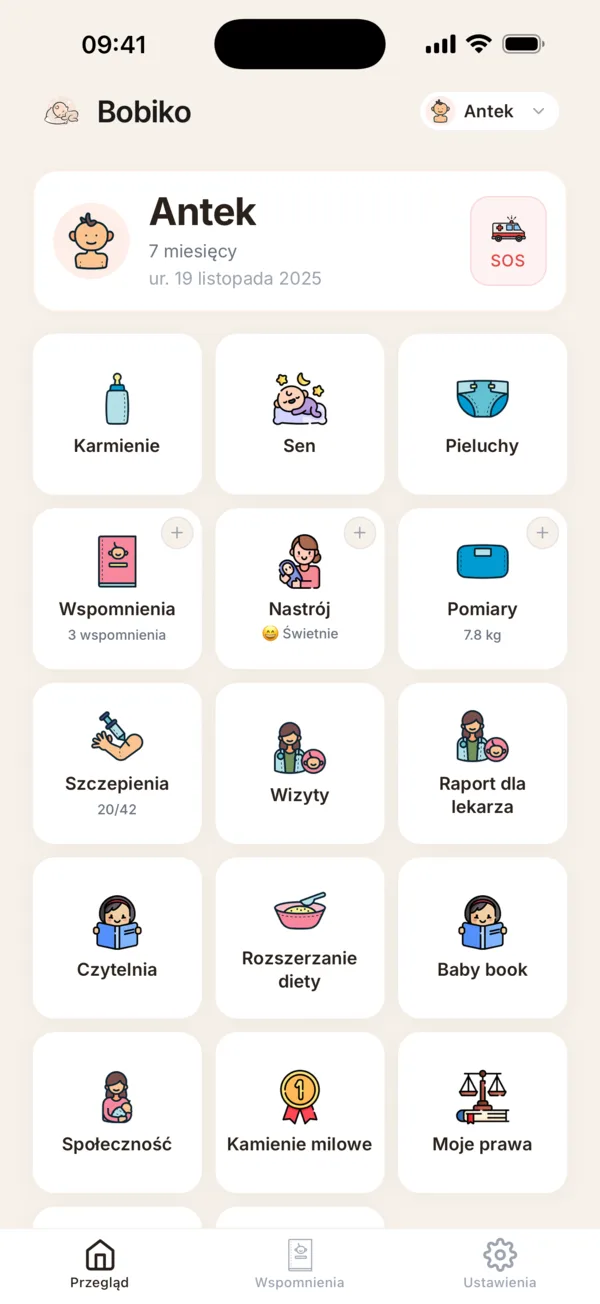 Dashboard dziecka - karmienie, sen, pomiary